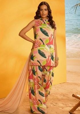 Light Peach Floral Print Crepe Kurta Set