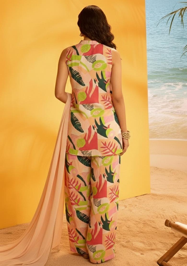Light Peach Floral Print Crepe Kurta Set - Indya