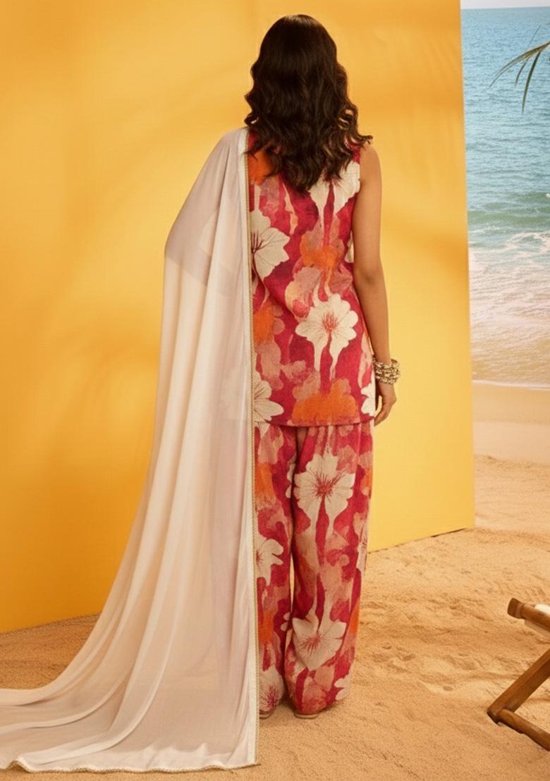 Multi Color Floral Print Crepe Kurta Set - Indya