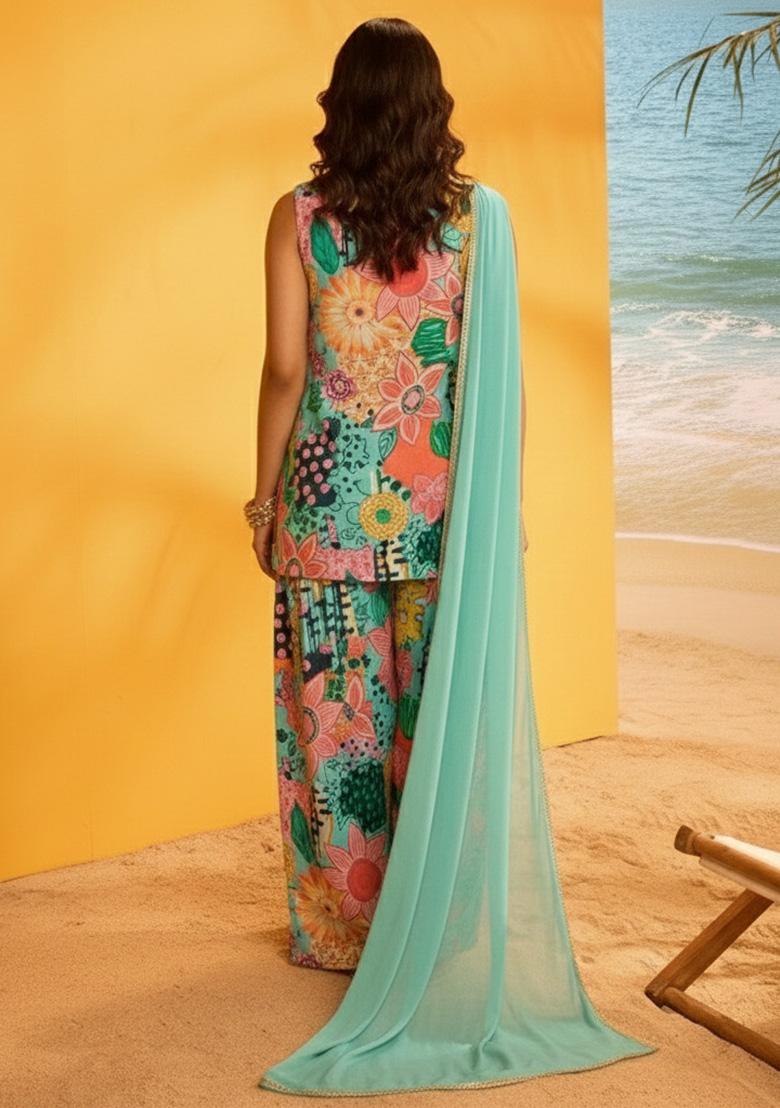 Multi Color Floral Print Crepe Kurta Set - Indya