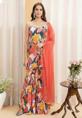 Multi Color Floral Print Georgette Sharara Set