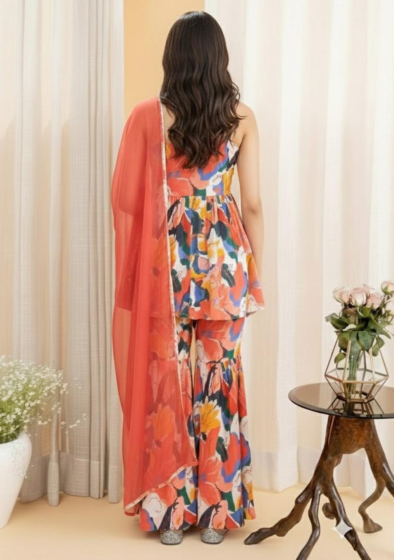 Multi Color Floral Print Georgette Sharara Set - Indya