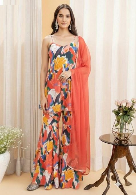 Multi Color Floral Print Georgette Sharara Set