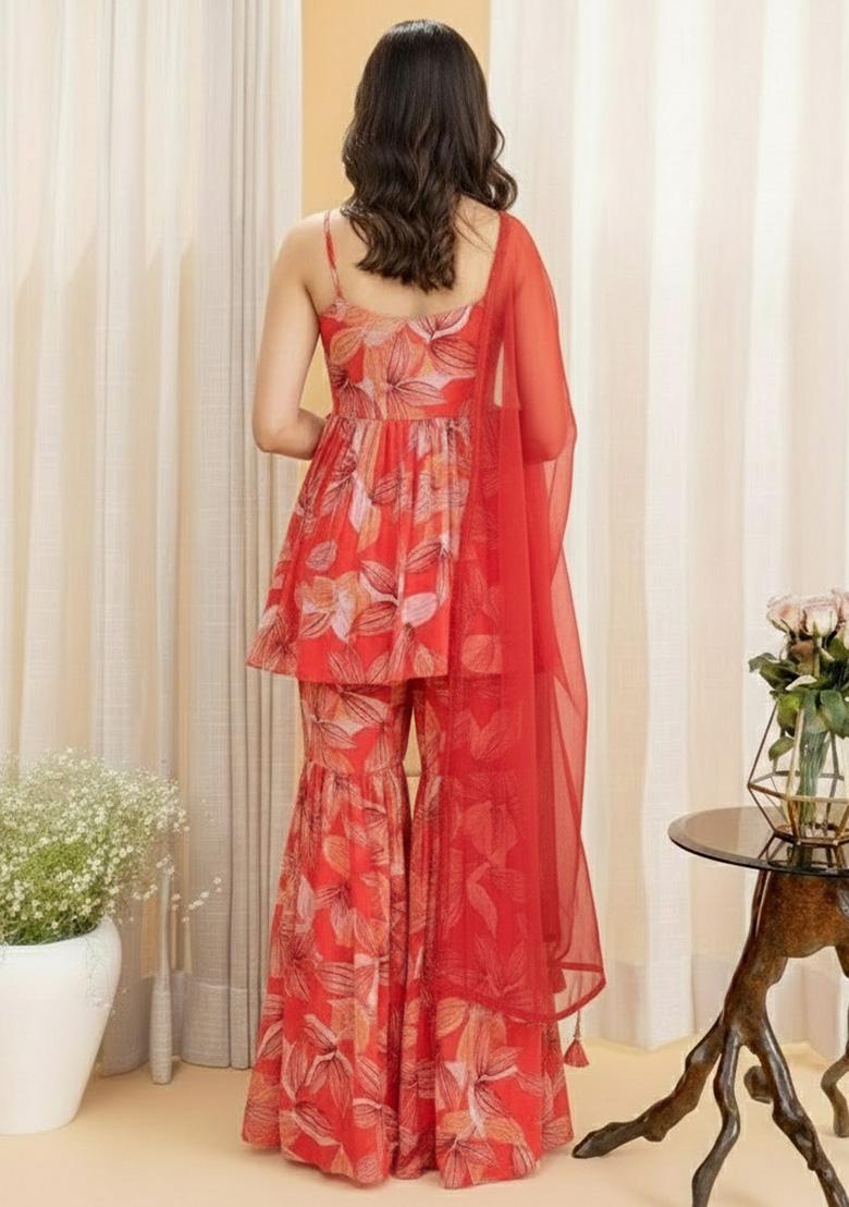 Bold Red Floral Print Georgette Sharara Set - Indya