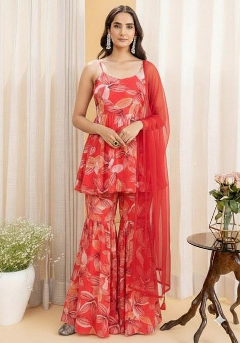 Bold Red Floral Print Georgette Sharara Set