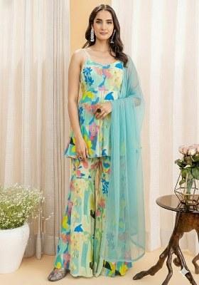 Multi Color Floral Print Georgette Sharara Set