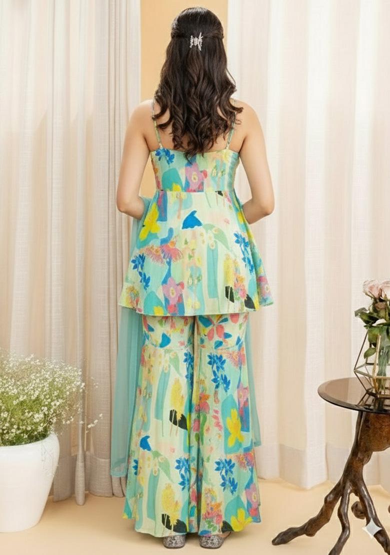 Multi Color Floral Print Georgette Sharara Set - Indya