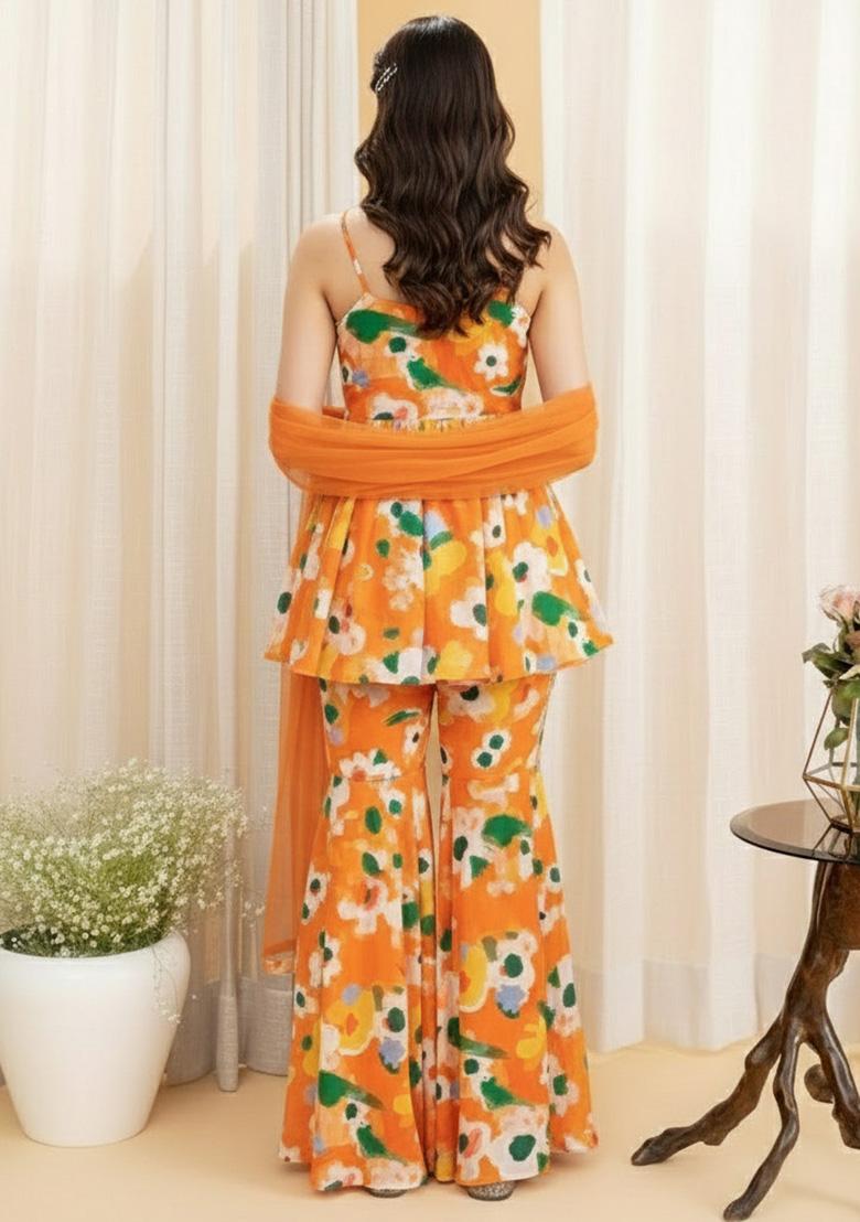 Orange Floral Print Georgette Sharara Set - Indya