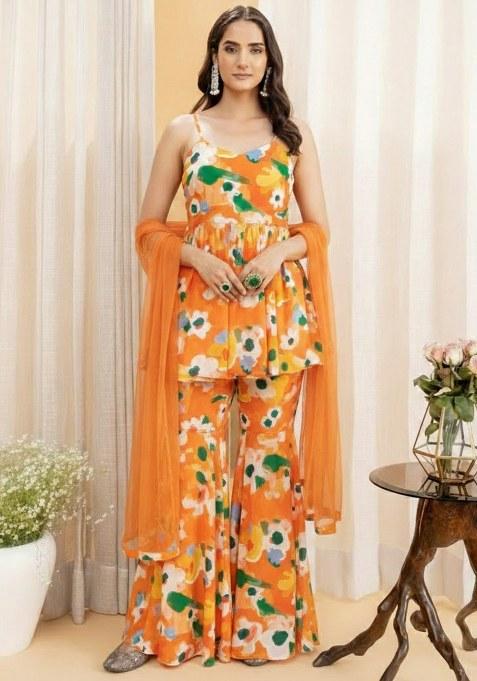 Orange Floral Print Georgette Sharara Set