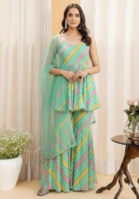 Mint Green Abstract Print Georgette Sharara Set