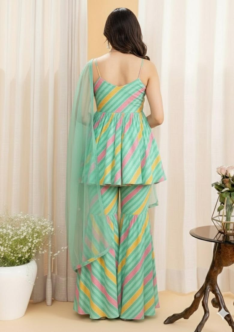 Mint Green Abstract Print Georgette Sharara Set - Indya