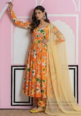 Orange Floral Print Georgette Anarkali Set