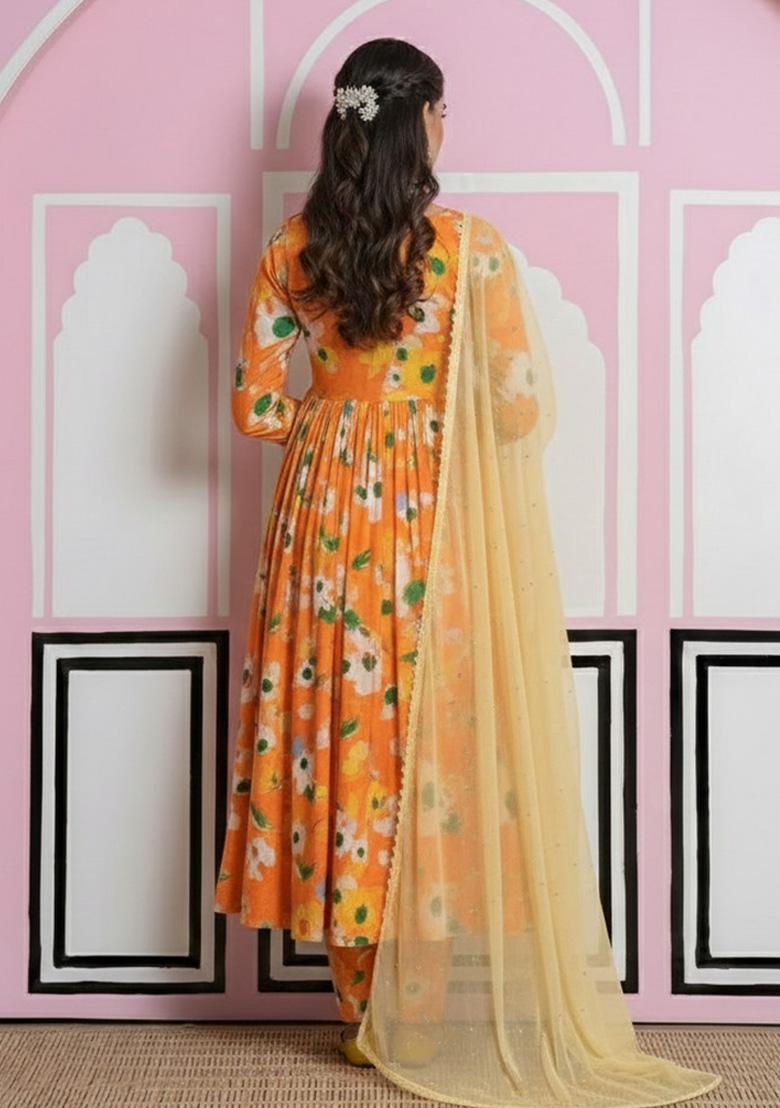 Orange Floral Print Georgette Anarkali Set - Indya