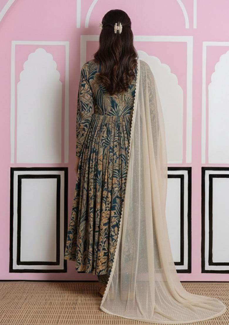 Multi Color Floral Print Georgette Anarkali Set - Indya