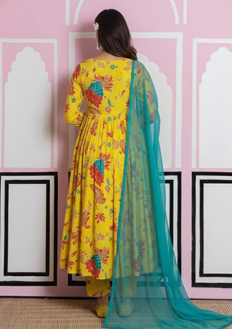Yellow Floral Print Georgette Anarkali Set - Indya