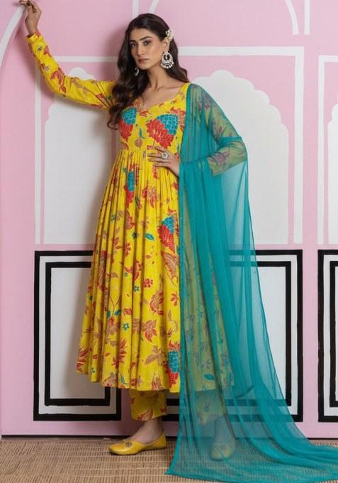 Yellow Floral Print Georgette Anarkali Set