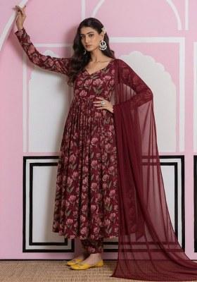 Wine Floral Print Georgette Anarkali Set
