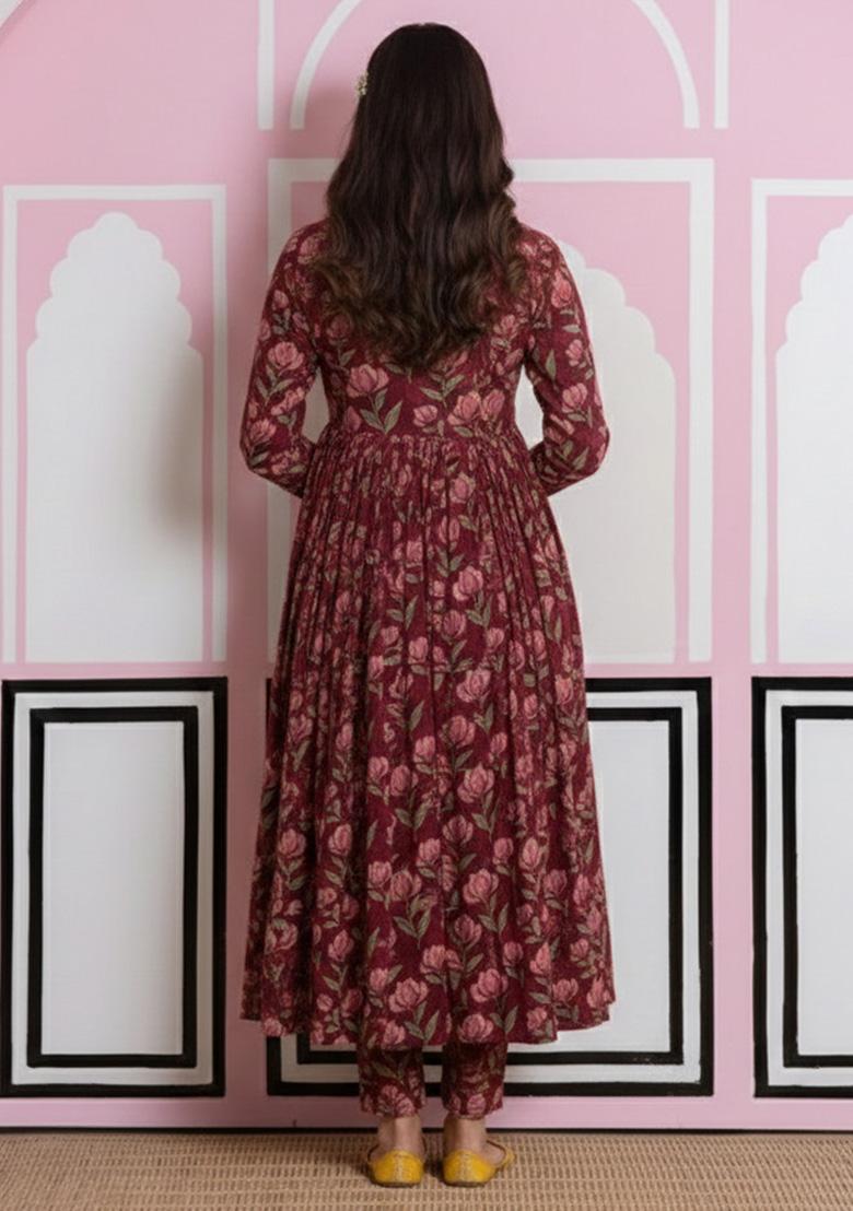 Wine Floral Print Georgette Anarkali Set - Indya