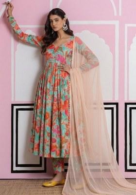 Multi Color Floral Print Crepe Anarkali Set
