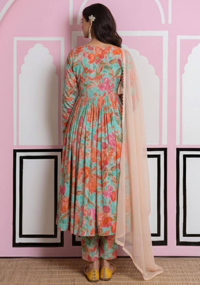 Multi Color Floral Print Crepe Anarkali Set - Indya