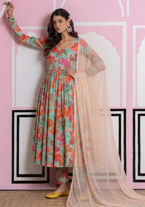 Multi Color Floral Print Crepe Anarkali Set