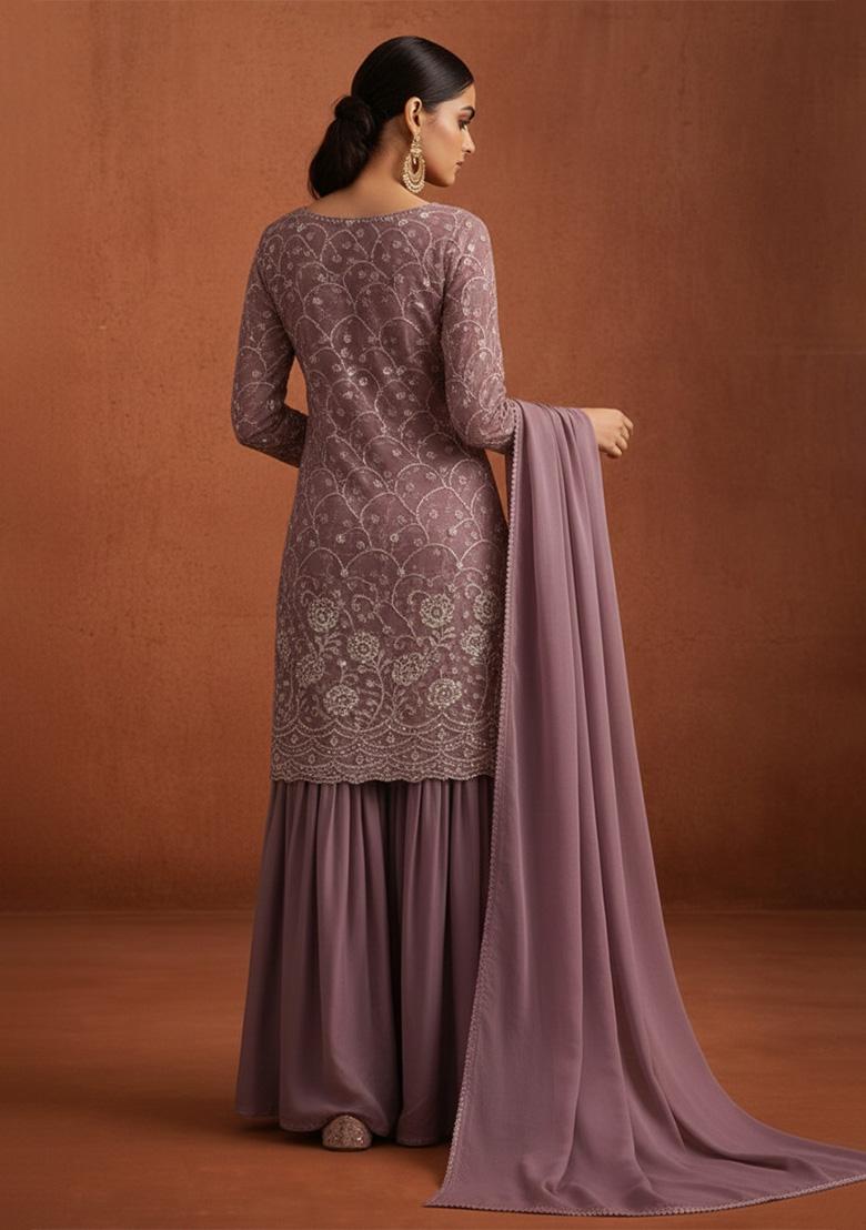 Mauve Embroidered Net Sharara Set - Indya