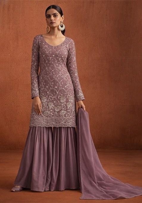Mauve Embroidered Net Sharara Set