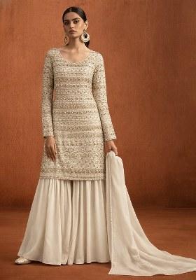 Cream Embroidered Georgette Sharara Set