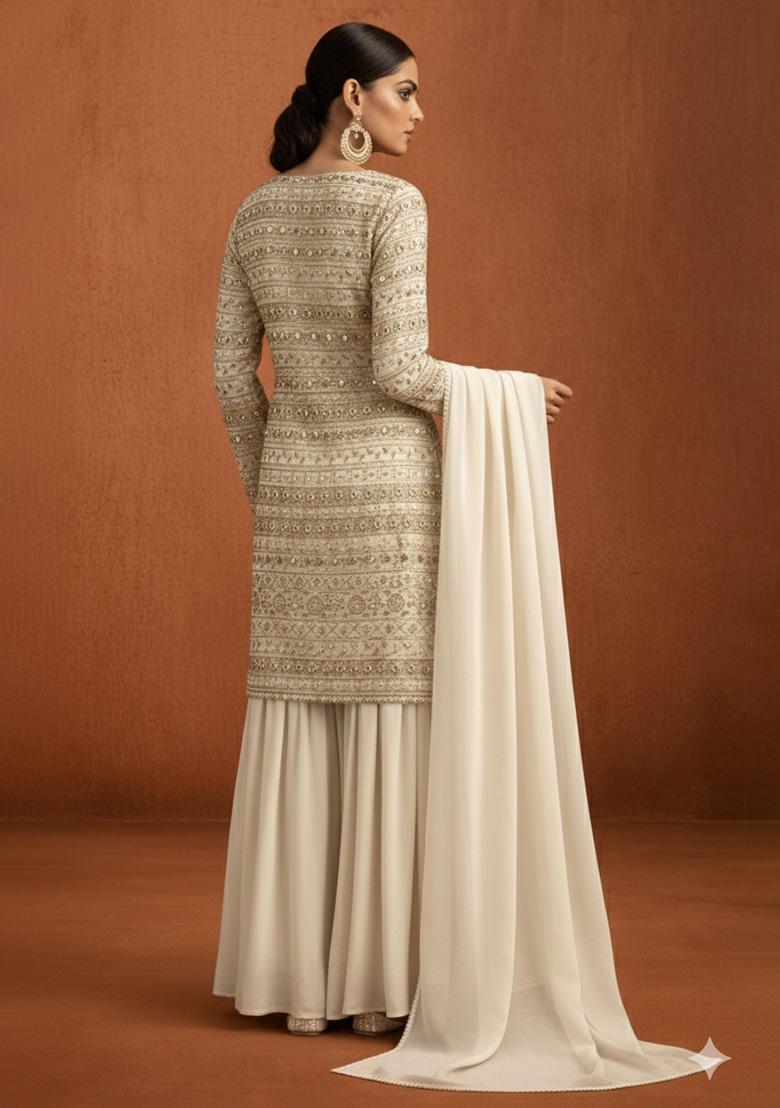 Cream Embroidered Georgette Sharara Set - Indya