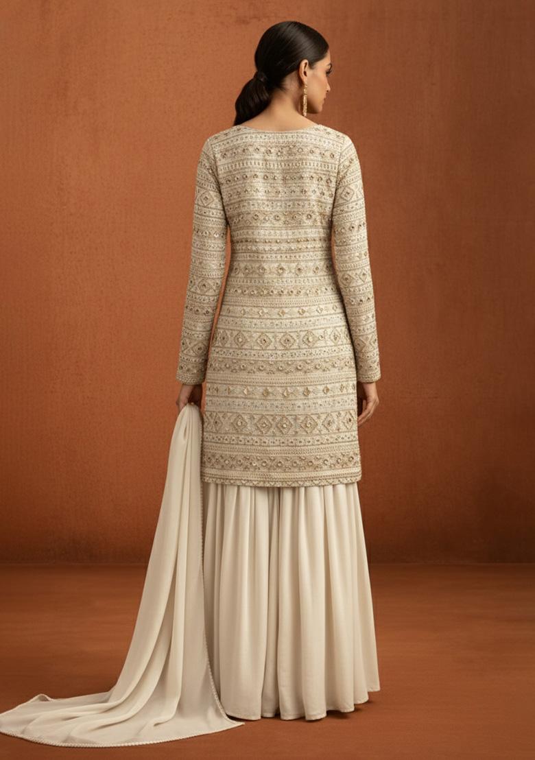 Cream Embroidered Georgette Sharara Set - Indya