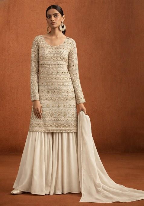 Cream Embroidered Georgette Sharara Set