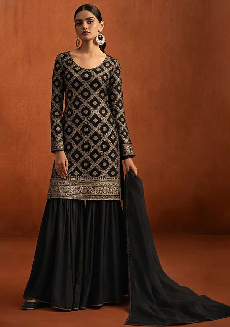 Black Silk Sharara Set - Indya