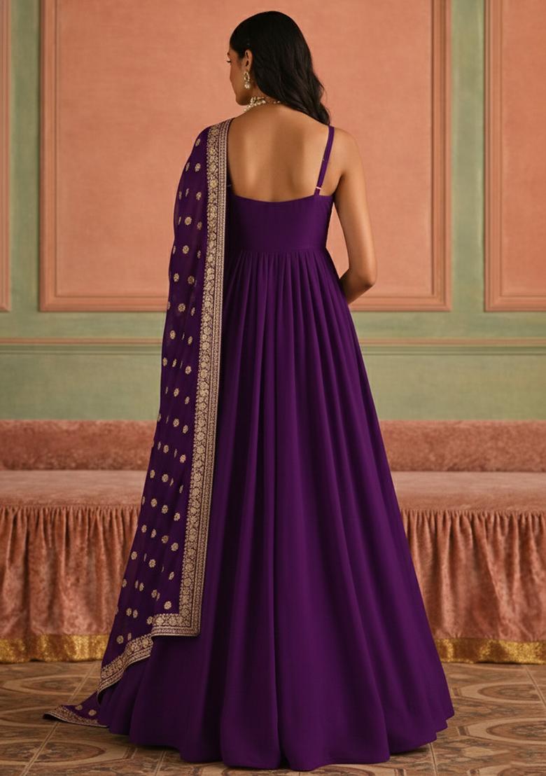 Purple Chinon Anarkali With Dupatta - Indya