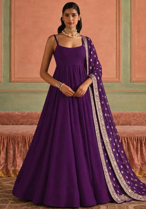 Purple Chinon Anarkali With Dupatta