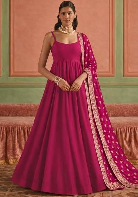 Rani Pink Chinon Anarkali With Dupatta