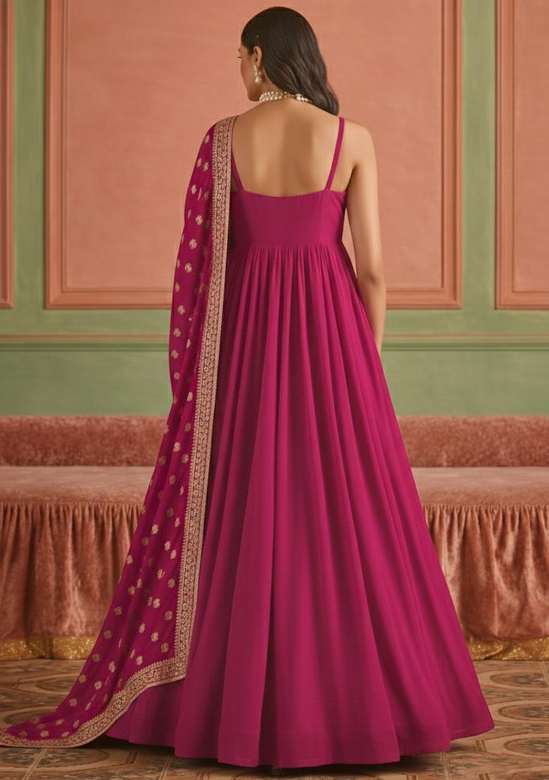 Rani Pink Chinon Anarkali With Dupatta - Indya