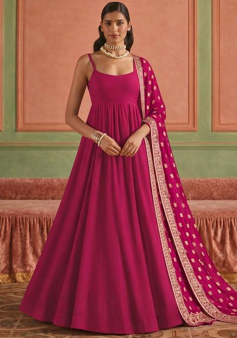 Rani Pink Chinon Anarkali With Dupatta