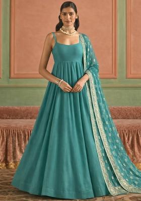 Teal Blue Chinon Anarkali With Dupatta