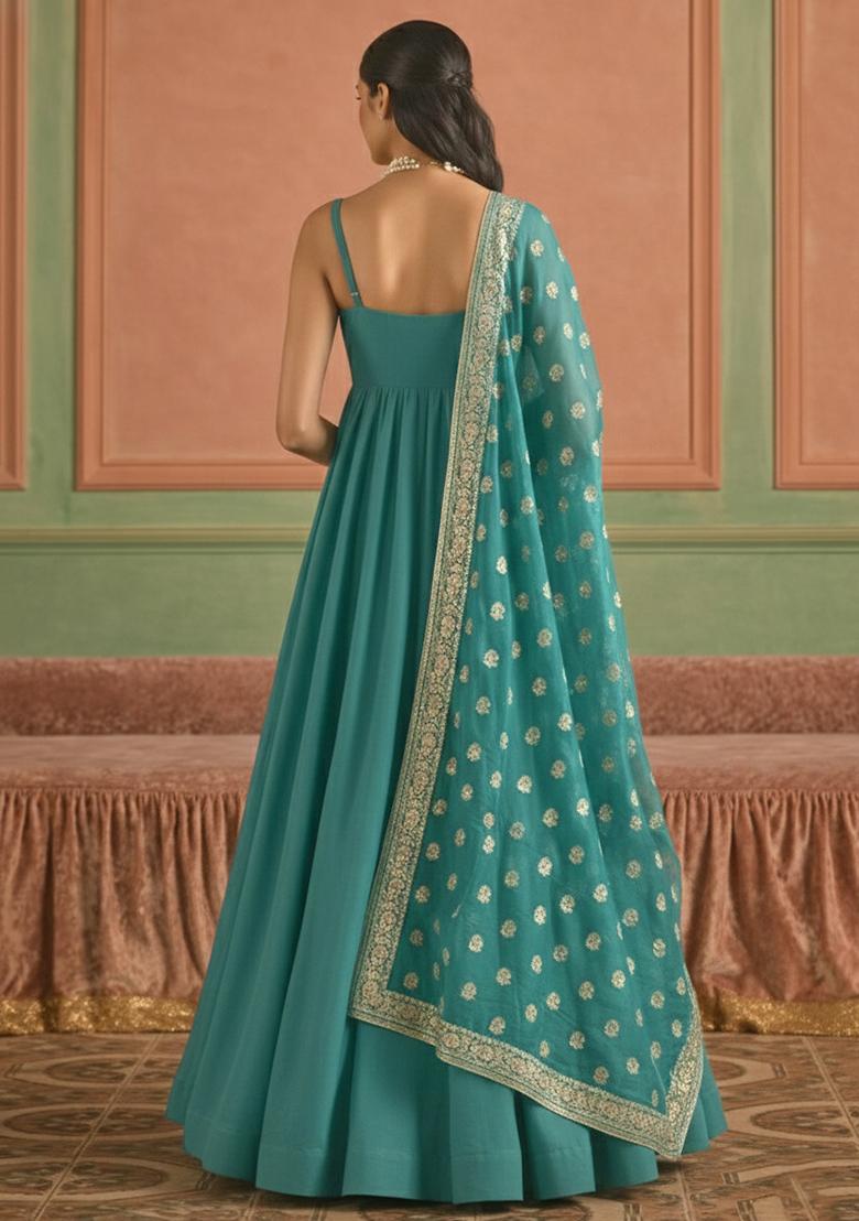 Teal Blue Chinon Anarkali With Dupatta - Indya