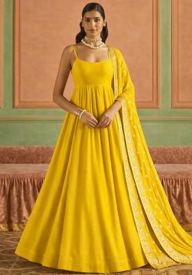 Yellow Chinon Anarkali With Dupatta