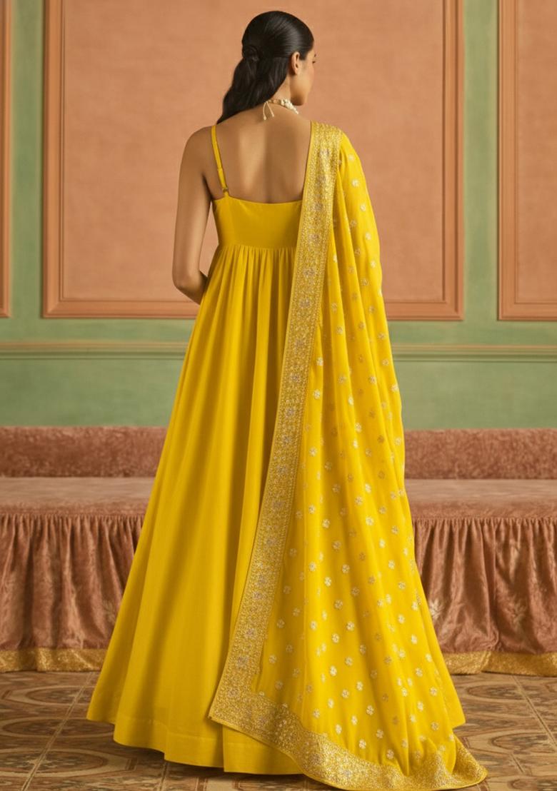 Yellow Chinon Anarkali With Dupatta - Indya