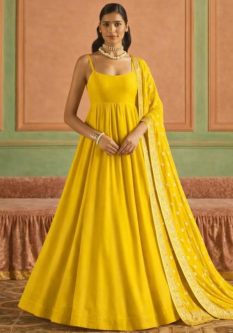Yellow Chinon Anarkali With Dupatta