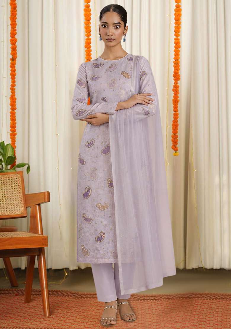 Lavender Embroidered Chanderi Straight Kurta Set - Indya