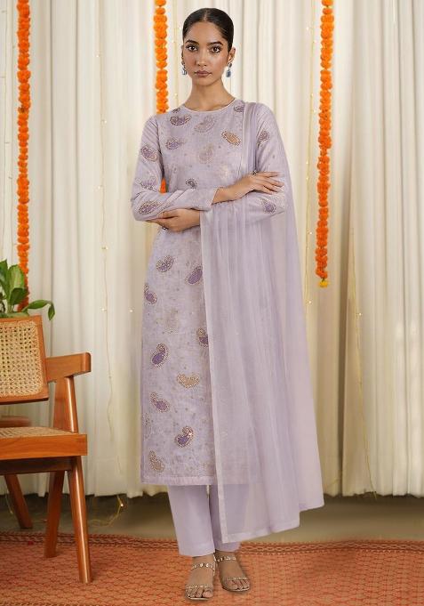 Lavender Embroidered Chanderi Straight Kurta Set