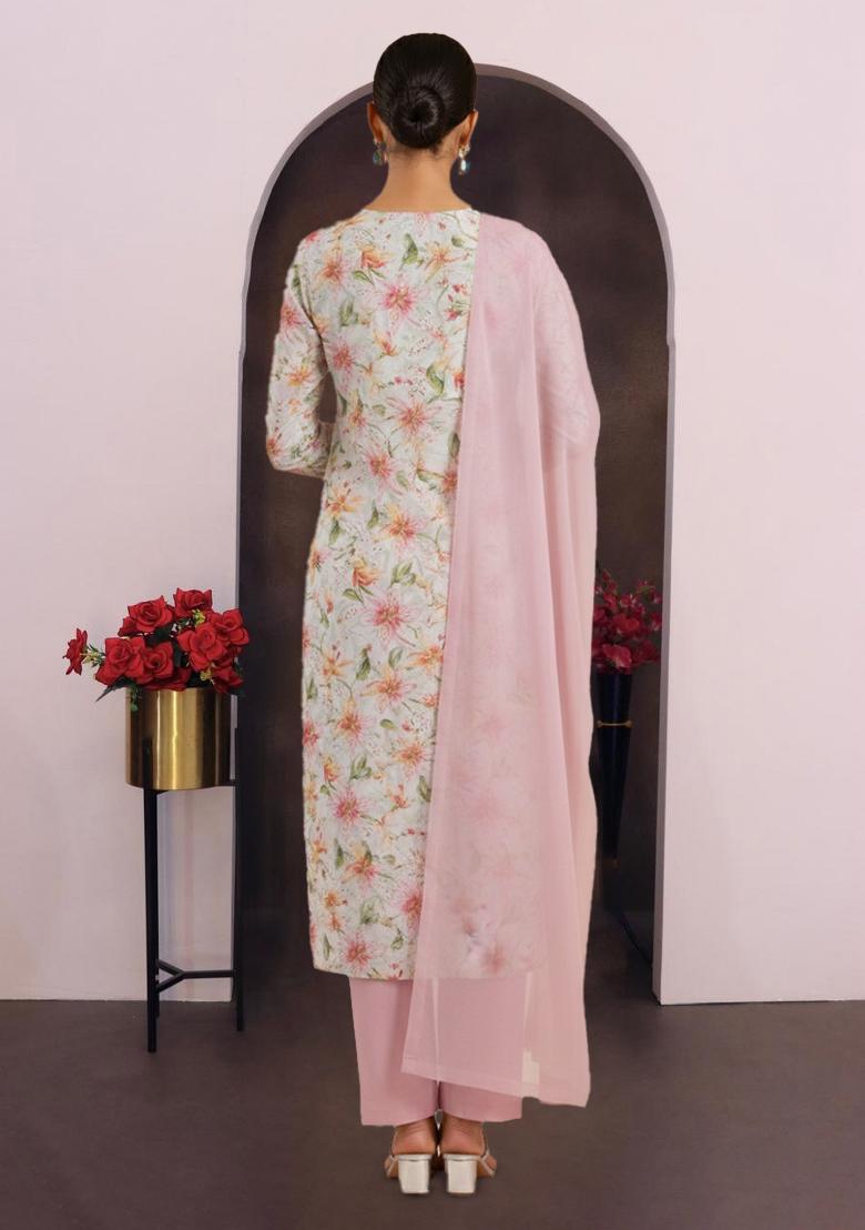Pink Floral Print Crepe Kurta Set - Indya
