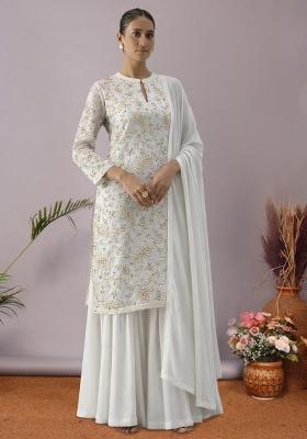 White Embroidered Georgette Sharara Set