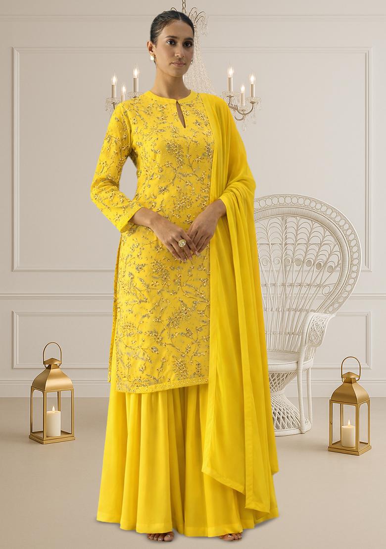 Yellow Embroidered Georgette Sharara Set - Indya