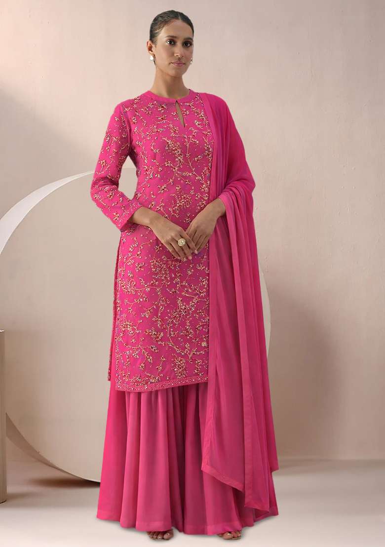 Rani Pink Embroidered Georgette Sharara Set - Indya