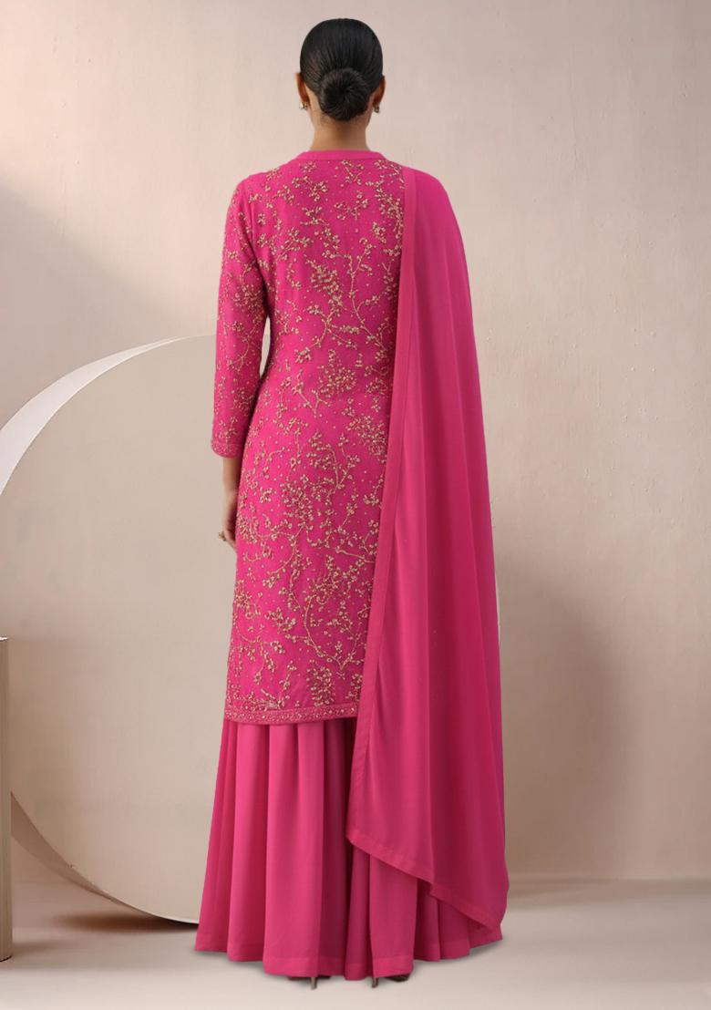 Rani Pink Embroidered Georgette Sharara Set - Indya