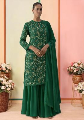 Bottle Green Embroidered Georgette Sharara Set